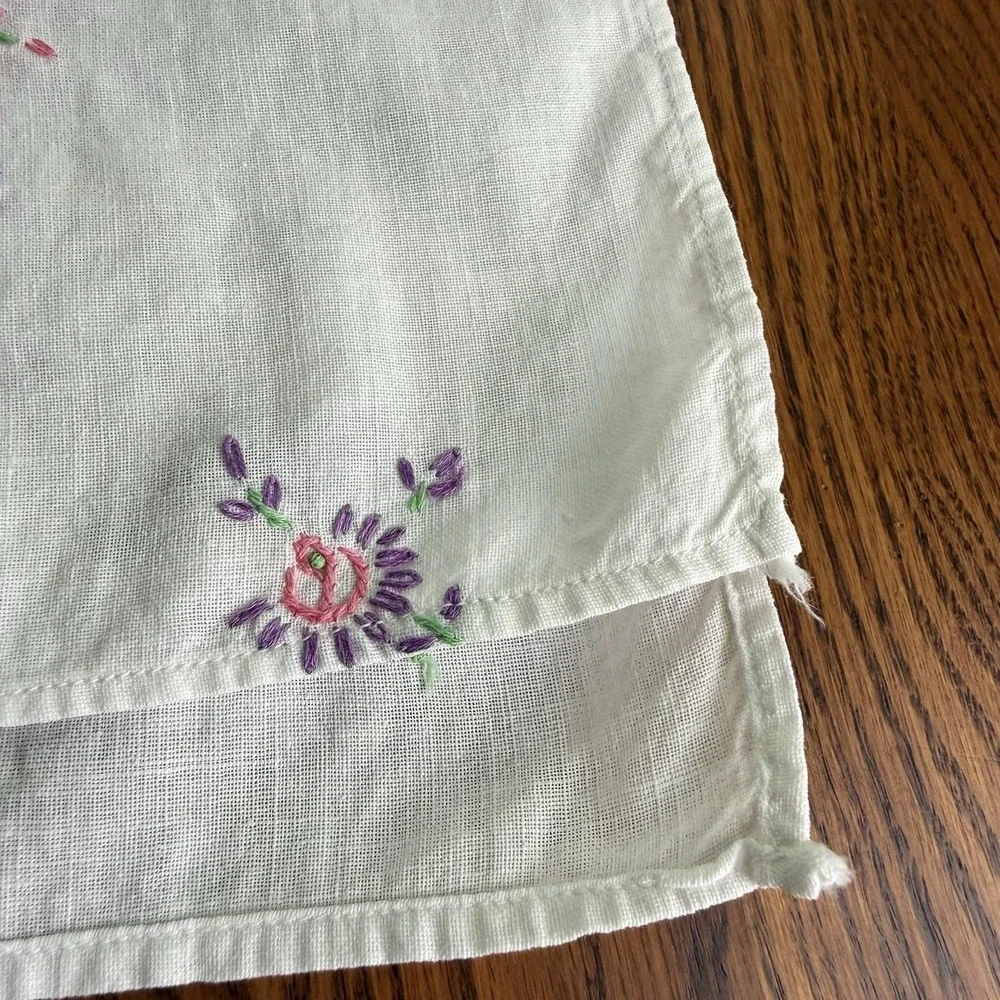 Vtg Embroidered Crochet Dresser Scarf Table Runner Flower Basket Thin Fabric EUC